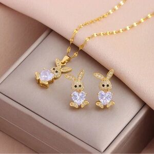 Gold Bunny Heart Pendant Necklace and Earrings Set - Sparkling Pink Crystals